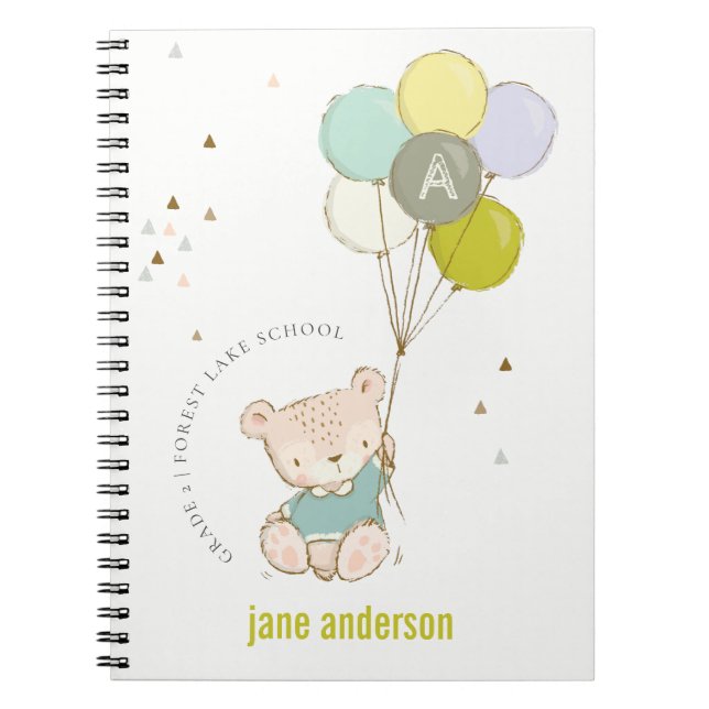 Elegant Cute Blue Bear Balloon Boys Monogram Notebook (Front)
