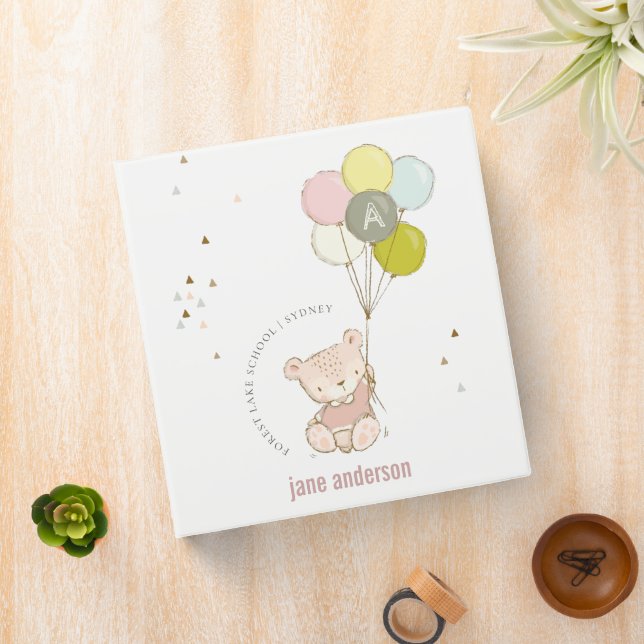 Elegant Cute Blush Bear Balloon Girly Monogram Binder (In Situ)