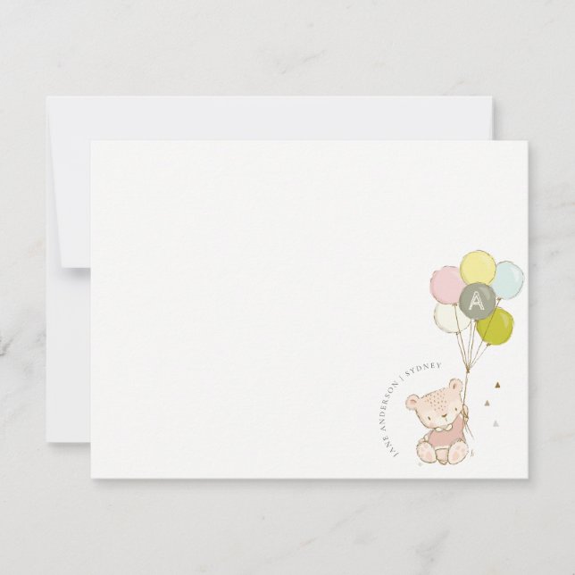 Elegant Cute Blush Bear Balloon Girly Monogram Card (Front)