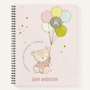 Elegant Cute Blush Bear Balloon Girly Monogram Notebook