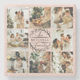 Elegant Cute Blush Pink Modern Family Name Photo Stone Coaster