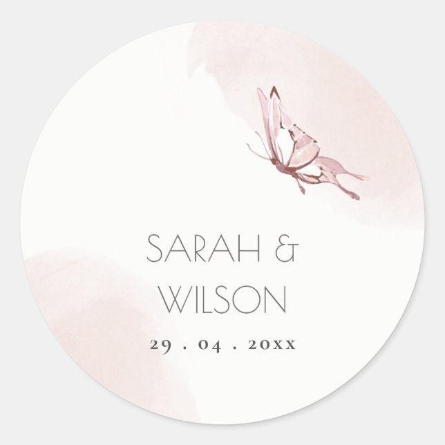 ELEGANT CUTE BLUSH WATERCOLOR BUTTERFLY WEDDING  CLASSIC ROUND STICKER (Front)