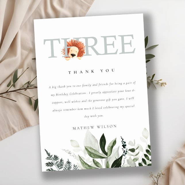 Elegant Cute Boho Lion Foliage 3rd Third Birthday Thank You Card (Creator Uploaded)