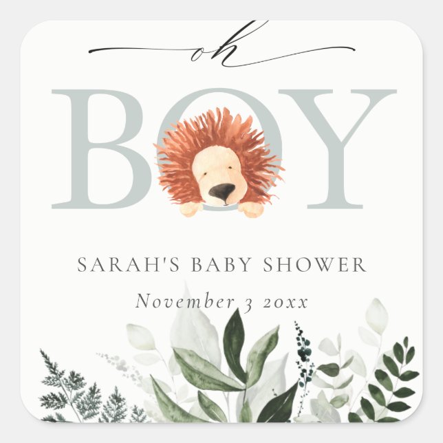 Elegant Cute Boho Lion Foliage Oh Boy Baby Shower Square Sticker (Front)