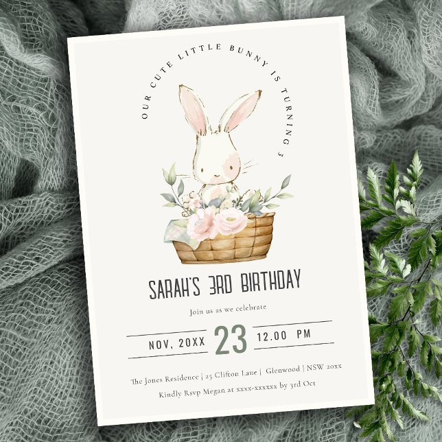 Elegant Cute Bunny In Floral Basket Kids Birthday Invitation (Creator Uploaded)