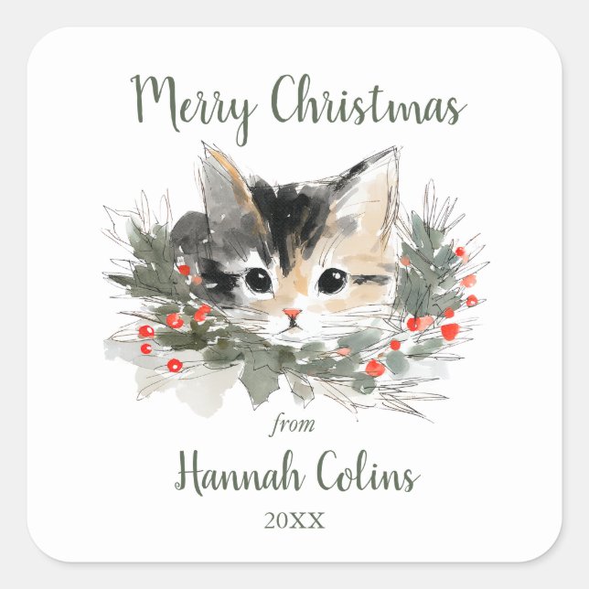 Elegant Cute Calico Kitten Minimalist Christmas Square Sticker (Front)