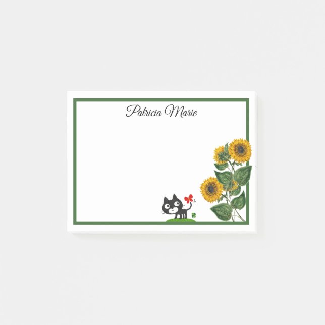 Elegant Cute Cat And Yellow Sunflower Personalized Post-it Notes (Front)