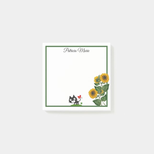 Elegant Cute Cat And Yellow Sunflower Personalized Post-it Notes (Front)