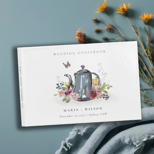Elegant Cute Cheerful Roses Floral Teapot Wedding  Guest Book (Creator Uploaded)