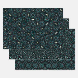 Elegant Cute Chic Black & Teal Geometric Patterns Wrapping Paper Sheet