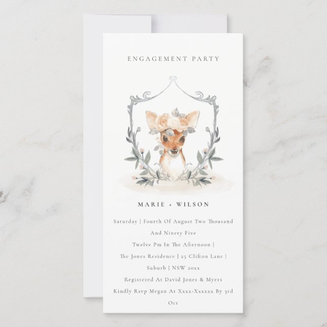 Elegant Cute Deer Floral Crest Engagement Invite (Front)