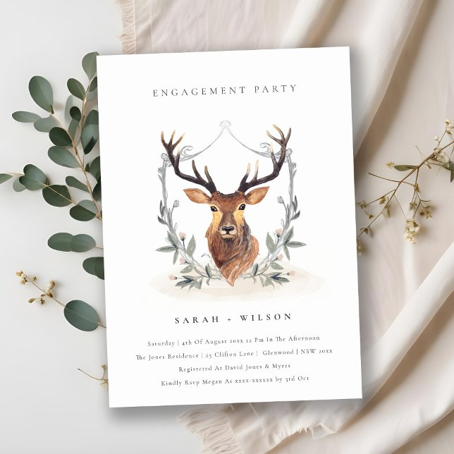 Elegant Cute Deer Floral Crest Engagement Invite (Creator Uploaded)