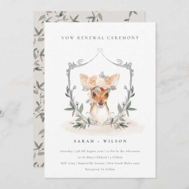 Elegant Cute Deer Floral Crest Vow Renewal Invite (Front/Back)