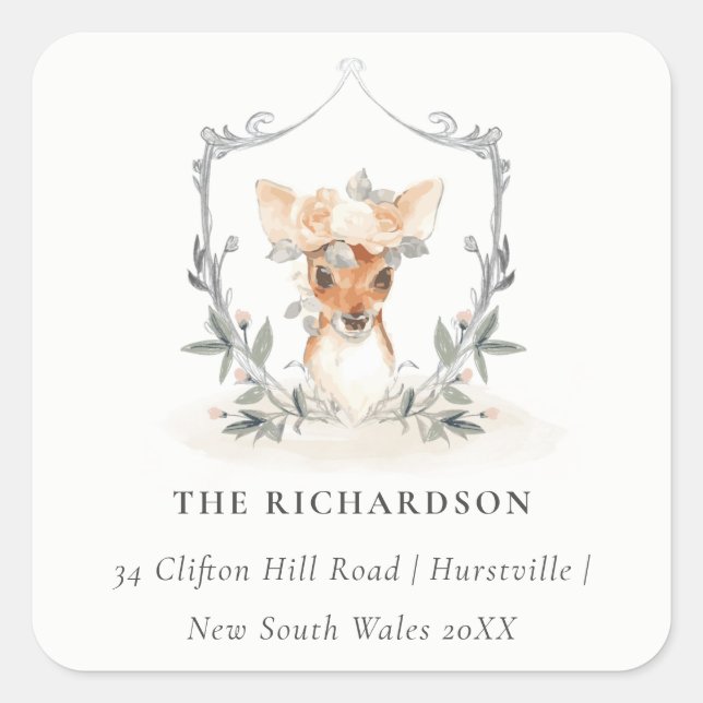 Elegant Cute Dusky Deer Floral Crest Address Square Sticker (Front)