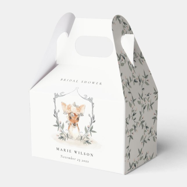 Elegant Cute Dusky Deer Floral Crest Bridal Shower Favor Box (Front Side)