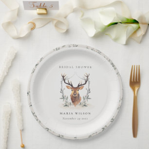 Elegant Cute Dusky Deer Floral Crest Bridal Shower Paper Plate