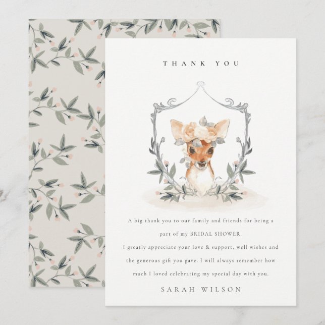 Elegant Cute Dusky Deer Floral Crest Bridal Shower Thank You Card (Front/Back)