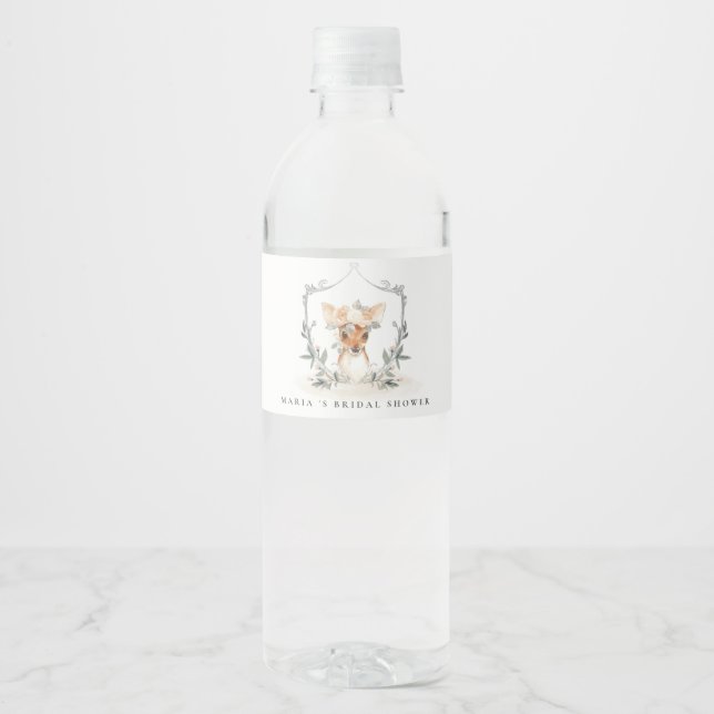 Elegant Cute Dusky Deer Floral Crest Bridal Shower Water Bottle Label (Front)