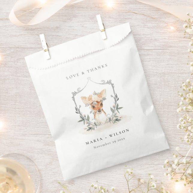 Elegant Cute Dusky Deer Floral Crest Wedding Favour Bag (Clipped)
