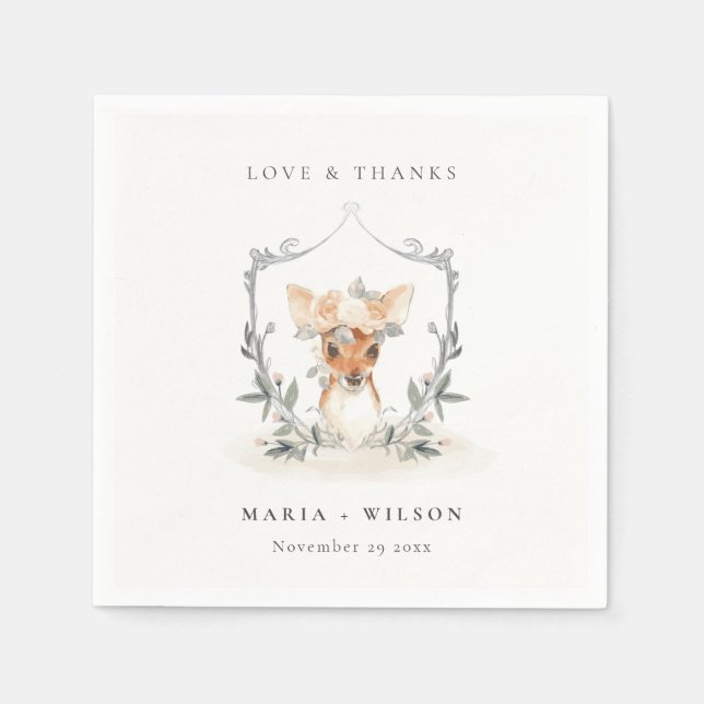 Elegant Cute Dusky Deer Floral Crest Wedding Napkin (Front)