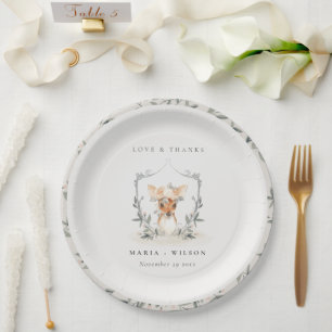 Elegant Cute Dusky Deer Floral Crest Wedding     Paper Plate