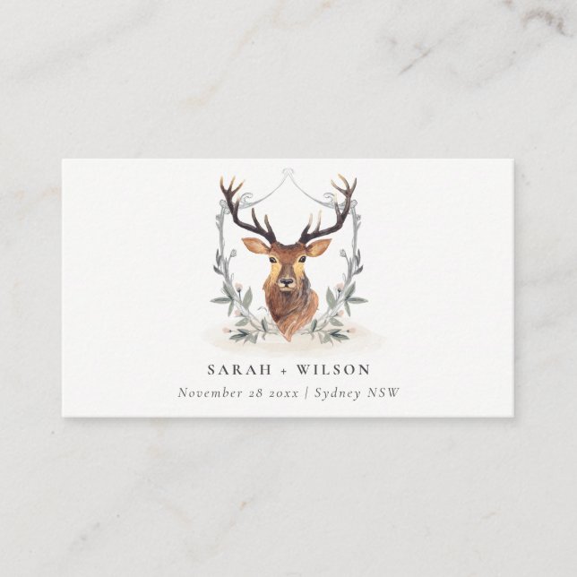 Elegant Cute Dusky Deer Floral Crest Wedding Place Card (Front)