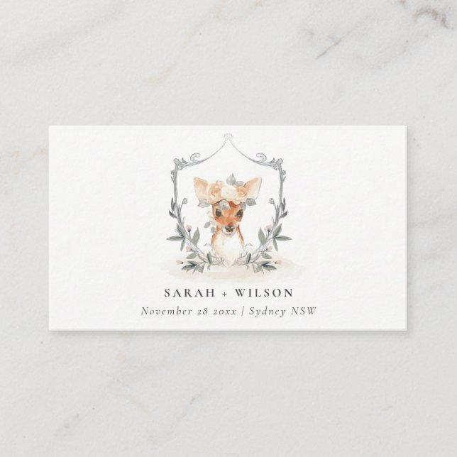 Elegant Cute Dusky Deer Floral Crest Wedding Place Card (Front)