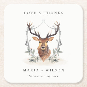 Elegant Cute Dusky Deer Floral Crest Wedding Square Paper Coaster