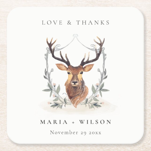 Elegant Cute Dusky Deer Floral Crest Wedding Square Paper Coaster (Front)
