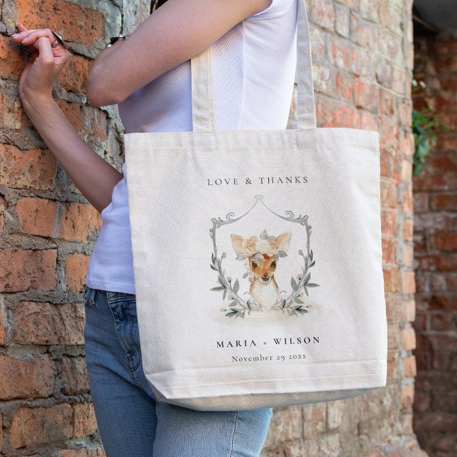 Elegant Cute Dusky Deer Floral Crest Wedding Tote Bag (Creator Uploaded)