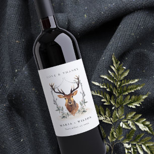 Elegant Cute Dusky Deer Floral Crest Wedding  Wine Label