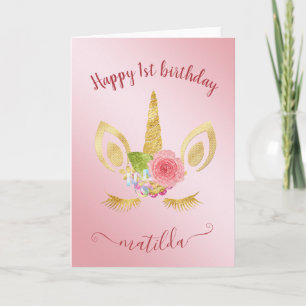 Elegant cute first gold glitter unicorn card