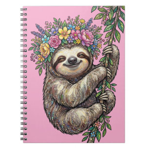 Elegant Cute Floral Sloth with Flower Crown Pink   Notebook