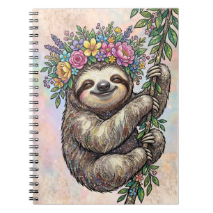 Elegant Cute Floral Sloth with Flower Crown Pink Notebook