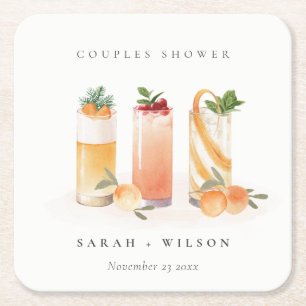 Elegant Cute Fruit Cocktail Orange Couples Shower Square Paper Coaster