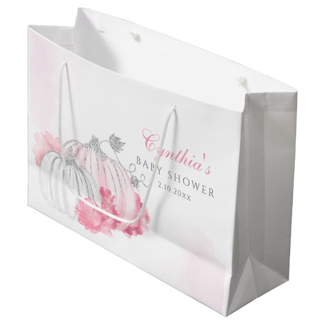 Elegant Cute Glitter Pink Pumpkin Baby Girl Shower Large Gift Bag (Front Angled)
