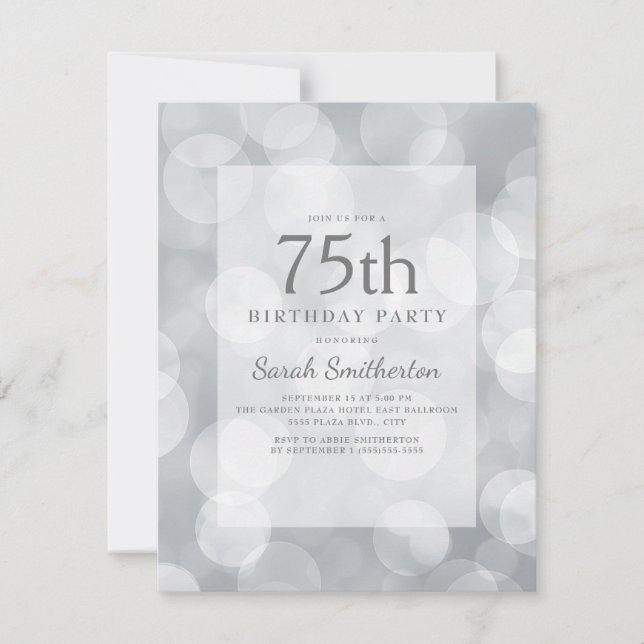 Elegant Cute Glittery Silver Bokeh 75th Birthday Invitation (Front)