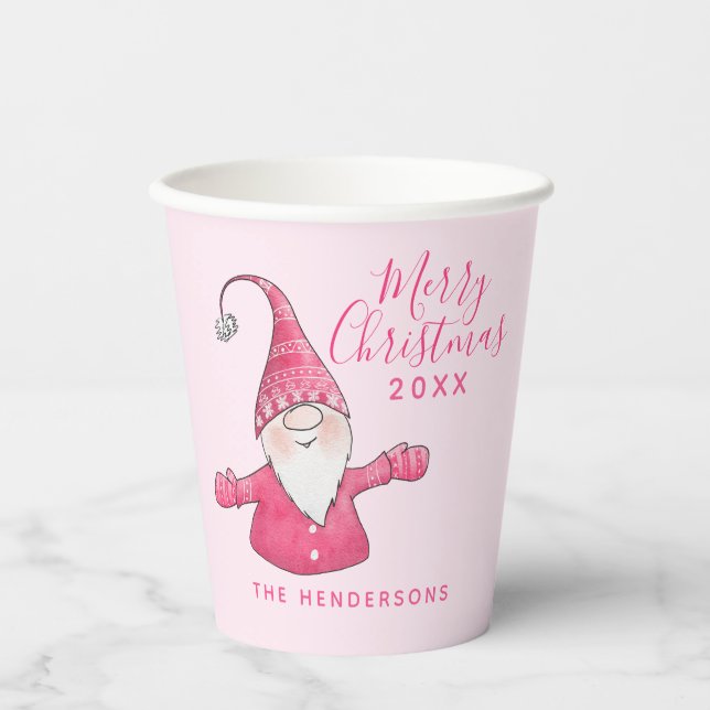 Elegant Cute Gnome Pink Merry Christmas Paper Cups (Front)