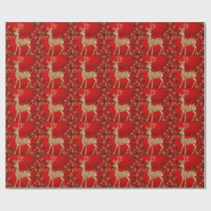 Elegant Cute Golden Deer Christmas Red Wrapping Paper