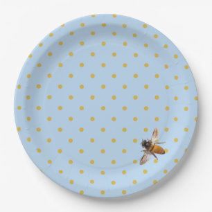 Elegant cute honeybee and blue gold polka-dots  paper plate