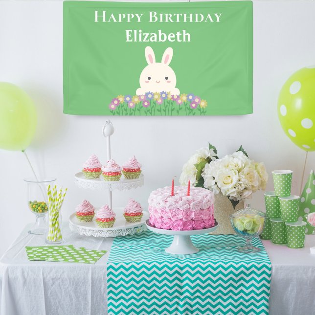 Elegant Cute Kawaii Bunny & Flowers Happy Birthday Banner (Creator Uploaded)