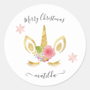 Elegant cute Merry Christmas gold glitter unicorn Classic Round Sticker