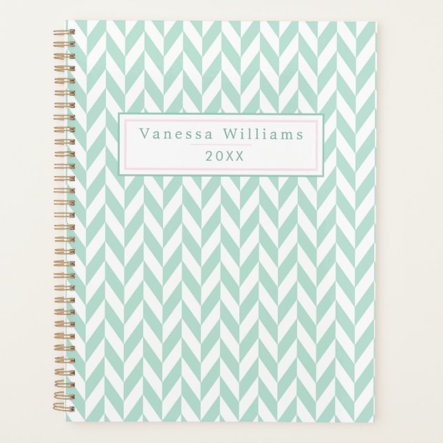 Elegant Cute Mint Green Herringbone Pattern Planner (Front)