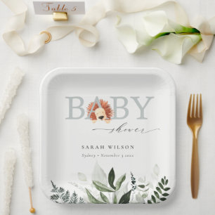 Elegant Cute Pastel Boho Lion Foliage Baby Shower Paper Plate