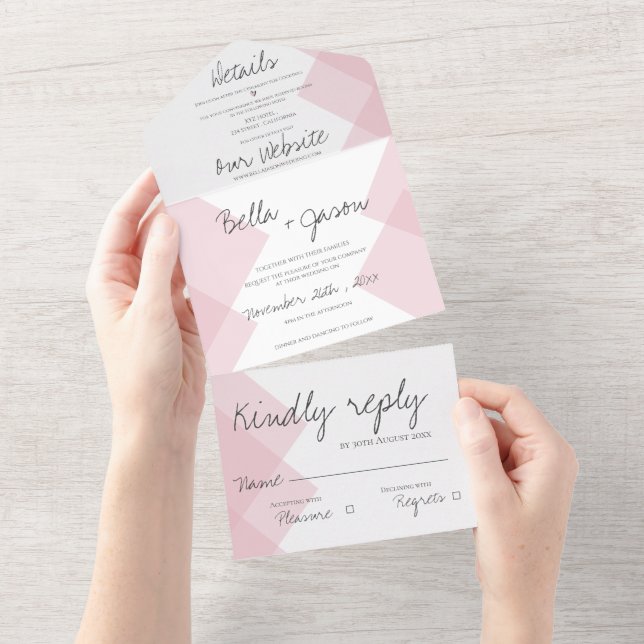 Elegant Cute Pastel Pink  Monogram Wedding All In One Invitation (Tearaway)
