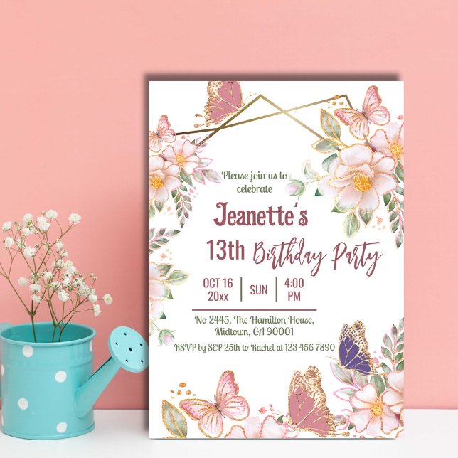 Elegant cute pink floral butterfly 13th birthday invitation (Front)