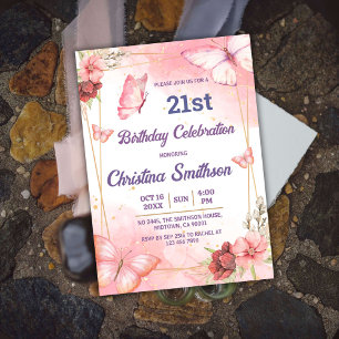 Elegant cute pink floral butterfly 21st birthday invitation