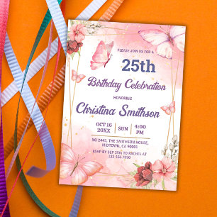 Elegant cute pink floral butterfly 25th birthday invitation