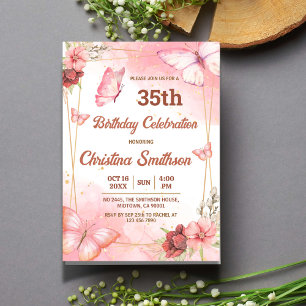 Elegant cute pink floral butterfly 35th birthday invitation