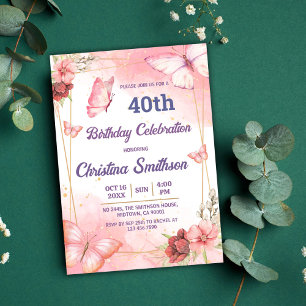Elegant cute pink floral butterfly 40th birthday invitation